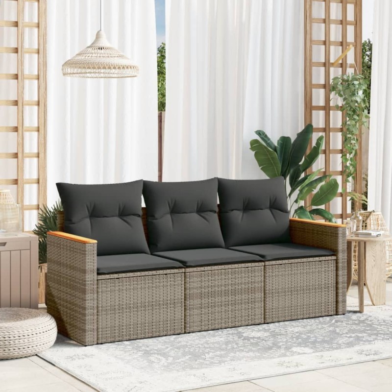 vidaXL Set de sofá de jardín 3 pzas y cojines ratán sintético gris vidaXL Set de sofá de jardín 3 pzas y cojines ratán sintético gris