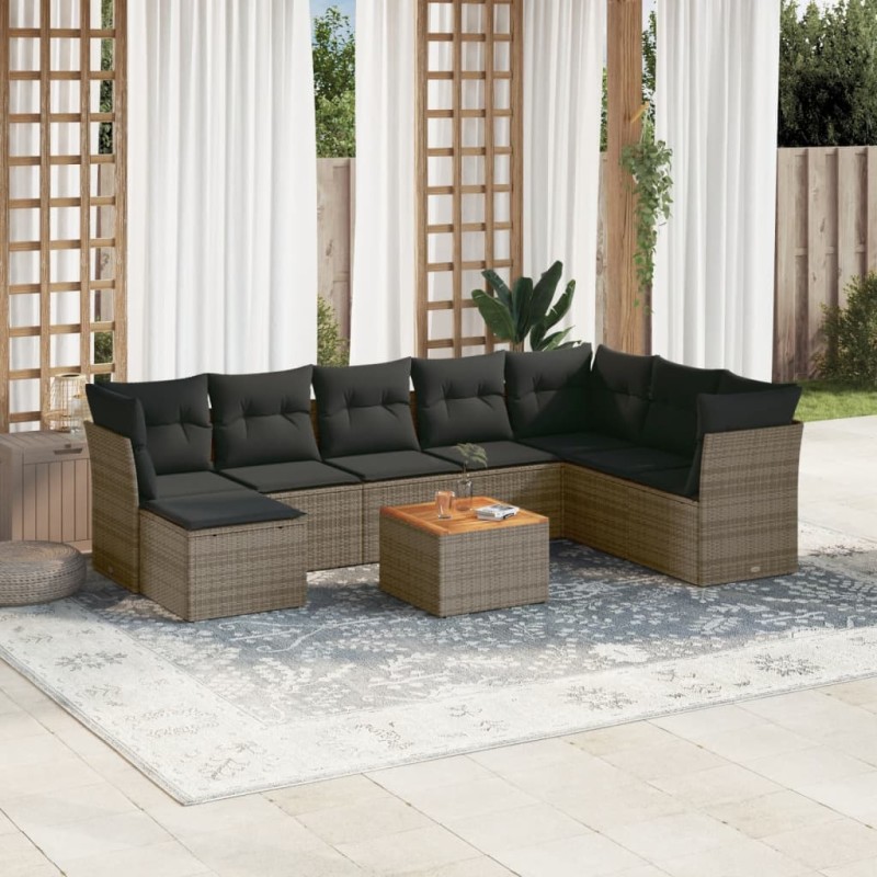 vidaXL Set de muebles de jardín 9 pzas y cojines ratán sintético gris vidaXL Set de muebles de jardín 9 pzas y cojines ratán sintético gris