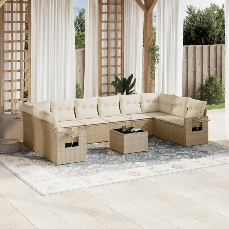 vidaXL Set de sofás de jardín 11pzas con cojines ratán sintético beige vidaXL Set de sofás de jardín 11pzas con cojines ratán sintético beige