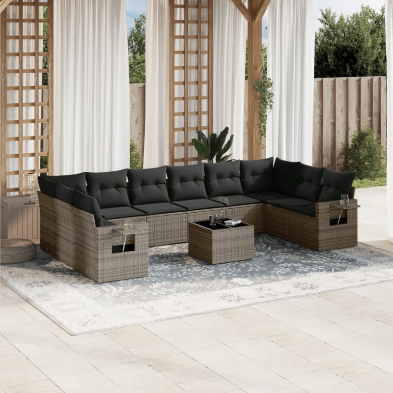 vidaXL Set de sofás de jardín 11 pzas y cojines ratán sintético gris vidaXL Set de sofás de jardín 11 pzas y cojines ratán sintético gris
