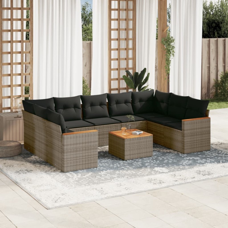 vidaXL Set de sofás de jardín 10 pzas con cojines ratán sintético gris vidaXL Set de sofás de jardín 10 pzas con cojines ratán sintético gris