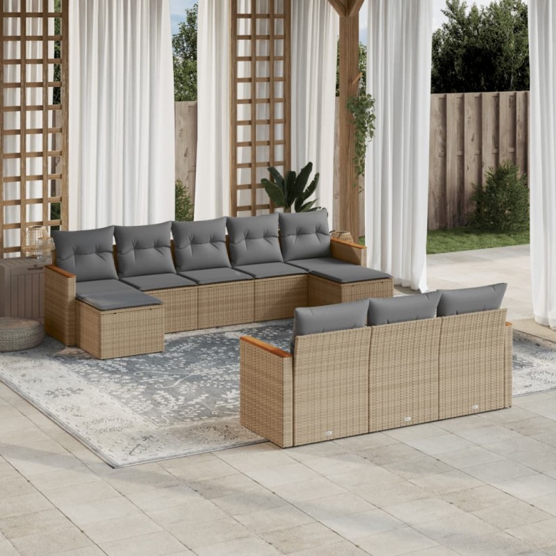 vidaXL Juego de sofás jardín con cojines beige 10 pzas ratán sintético