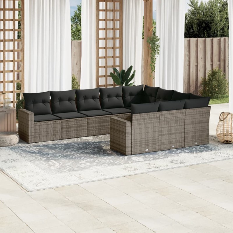 vidaXL Set de sofás de jardín 10 pzas con cojines ratán sintético gris vidaXL Set de sofás de jardín 10 pzas con cojines ratán sintético gris