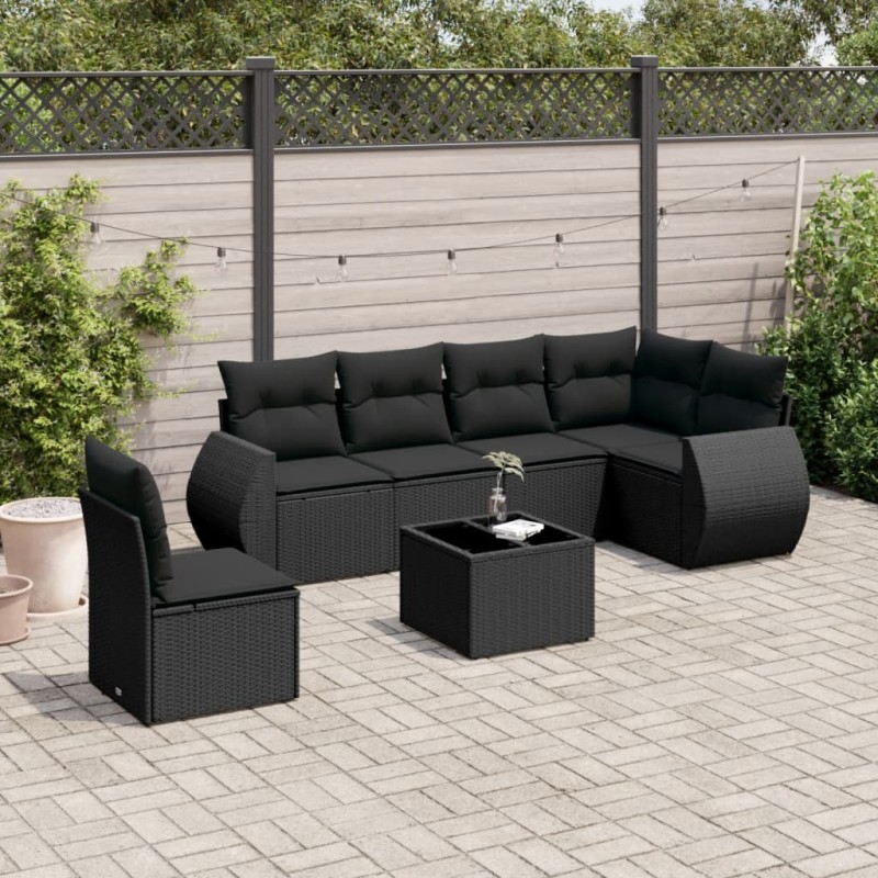vidaXL Set de comedor de jardín 7 pzas y cojines ratán sintético negro vidaXL Set de comedor de jardín 7 pzas y cojines ratán sintético negro