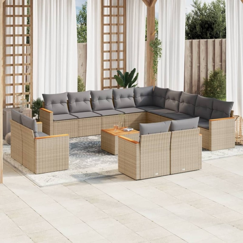 vidaXL Set sofás de jardín 14 pzas con cojines ratán sintético beige vidaXL Set sofás de jardín 14 pzas con cojines ratán sintético beige