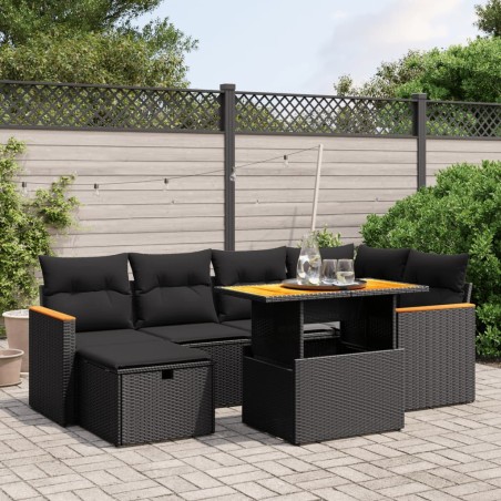 vidaXL Set de comedor de jardín 7 pzas y cojines ratán sintético negro
