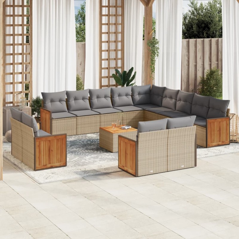 vidaXL Set sofás de jardín 14 pzas con cojines ratán sintético beige vidaXL Set sofás de jardín 14 pzas con cojines ratán sintético beige