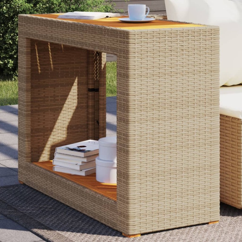 vidaXL Mesa auxiliar jardín tapa madera ratán PE beige 100x40x75 cm vidaXL Mesa auxiliar jardín tapa madera ratán PE beige 100x40x75 cm