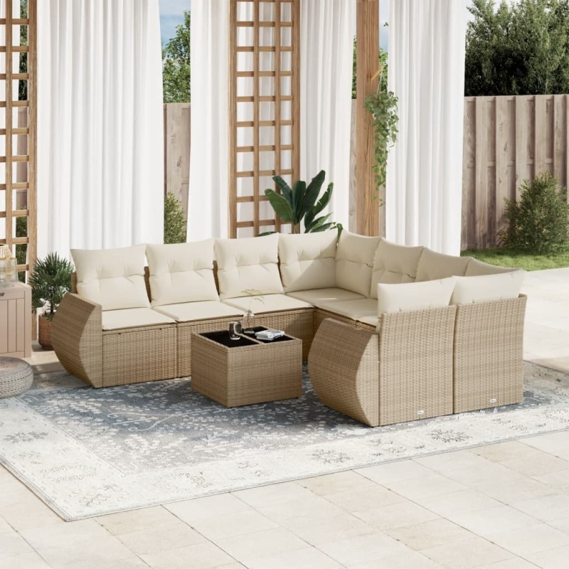 vidaXL Set de sofás de jardín 9 pzas con cojines ratán sintético beige vidaXL Set de sofás de jardín 9 pzas con cojines ratán sintético beige
