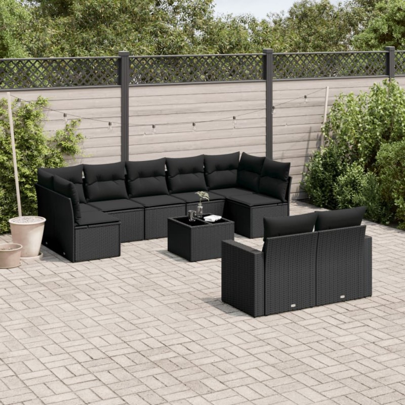 vidaXL Set de sofás de jardín 10 pzas cojines ratán sintético negro vidaXL Set de sofás de jardín 10 pzas cojines ratán sintético negro