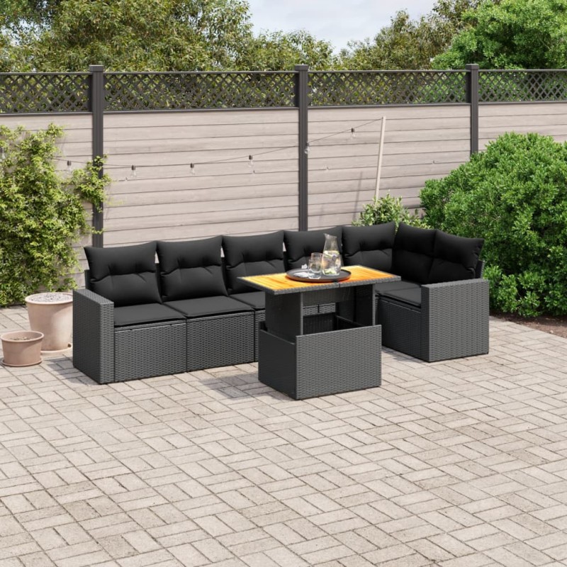 vidaXL Set de comedor de jardín 7 pzas y cojines ratán sintético negro vidaXL Set de comedor de jardín 7 pzas y cojines ratán sintético negro