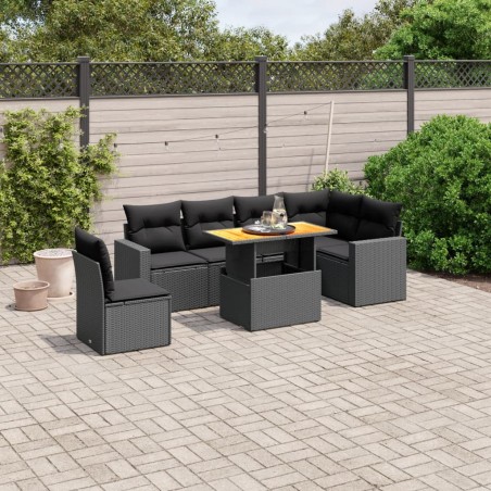 vidaXL Set de comedor de jardín 7 pzas y cojines ratán sintético negro