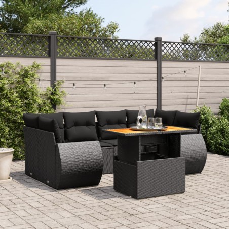 vidaXL Set de comedor de jardín 7 pzas y cojines ratán sintético negro
