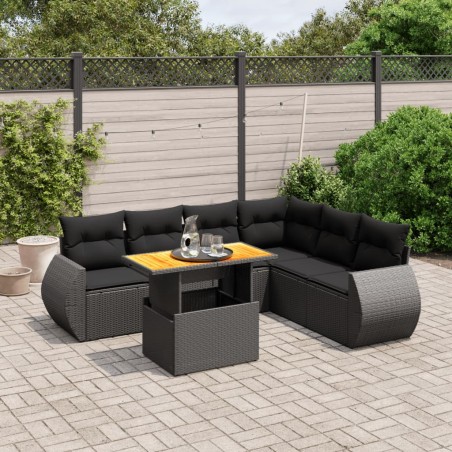 vidaXL Set de comedor de jardín 7 pzas y cojines ratán sintético negro