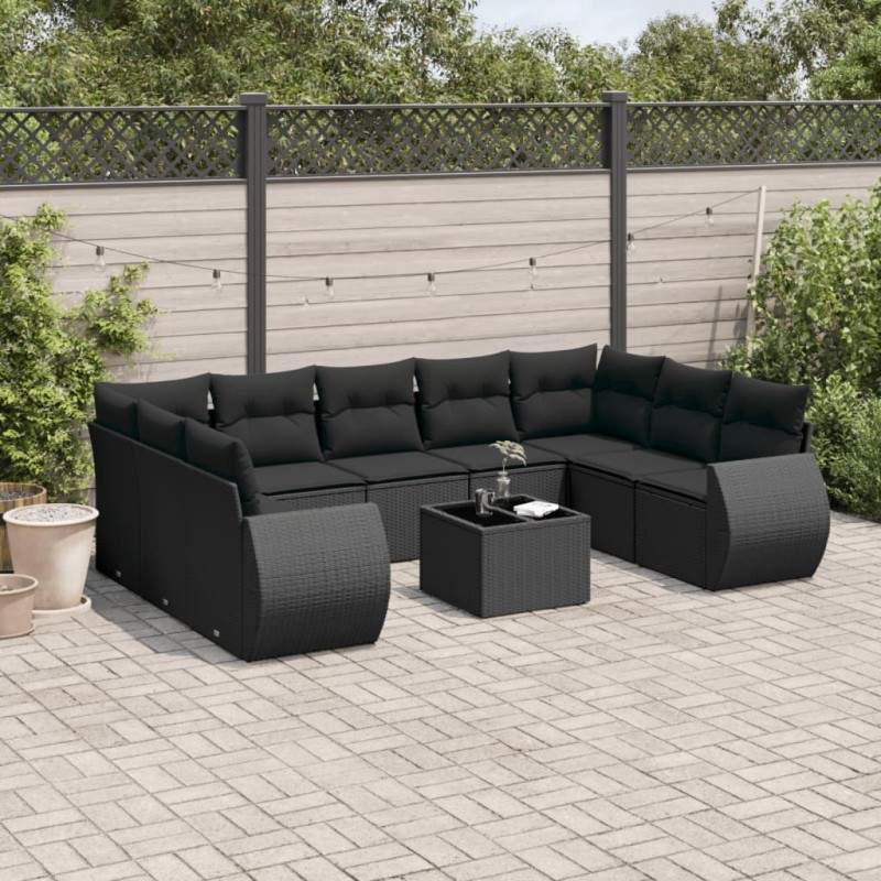 vidaXL Set de sofás de jardín 10 pzas cojines ratán sintético negro vidaXL Set de sofás de jardín 10 pzas cojines ratán sintético negro