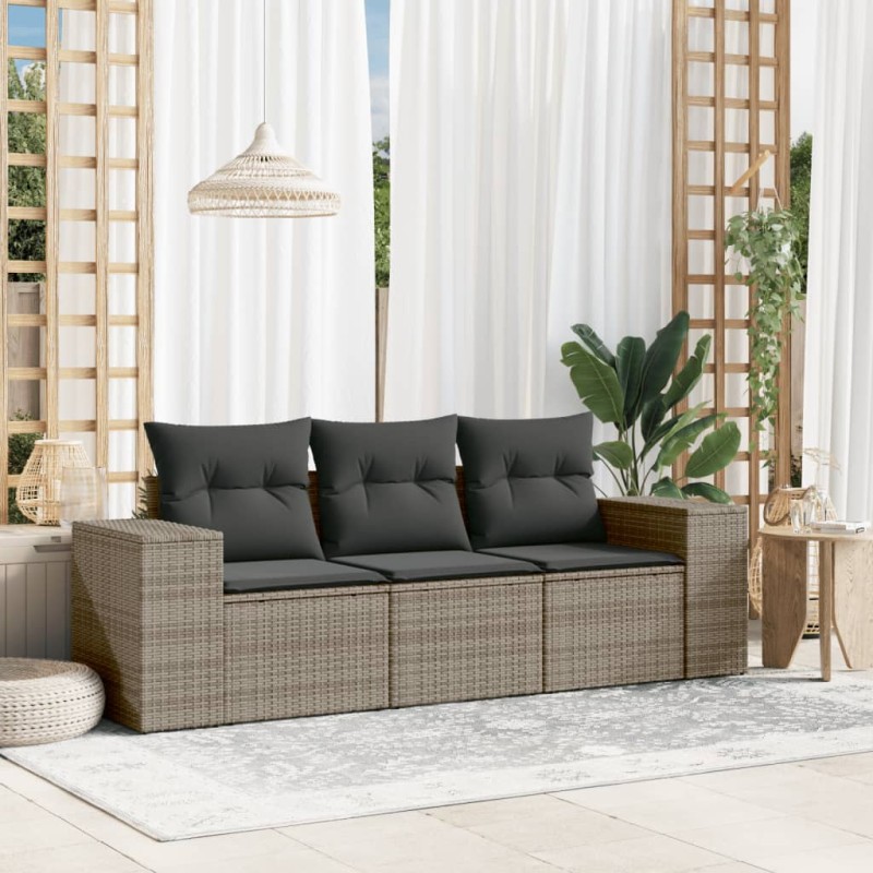 vidaXL Set de sofá de jardín 3 pzas y cojines ratán sintético gris vidaXL Set de sofá de jardín 3 pzas y cojines ratán sintético gris