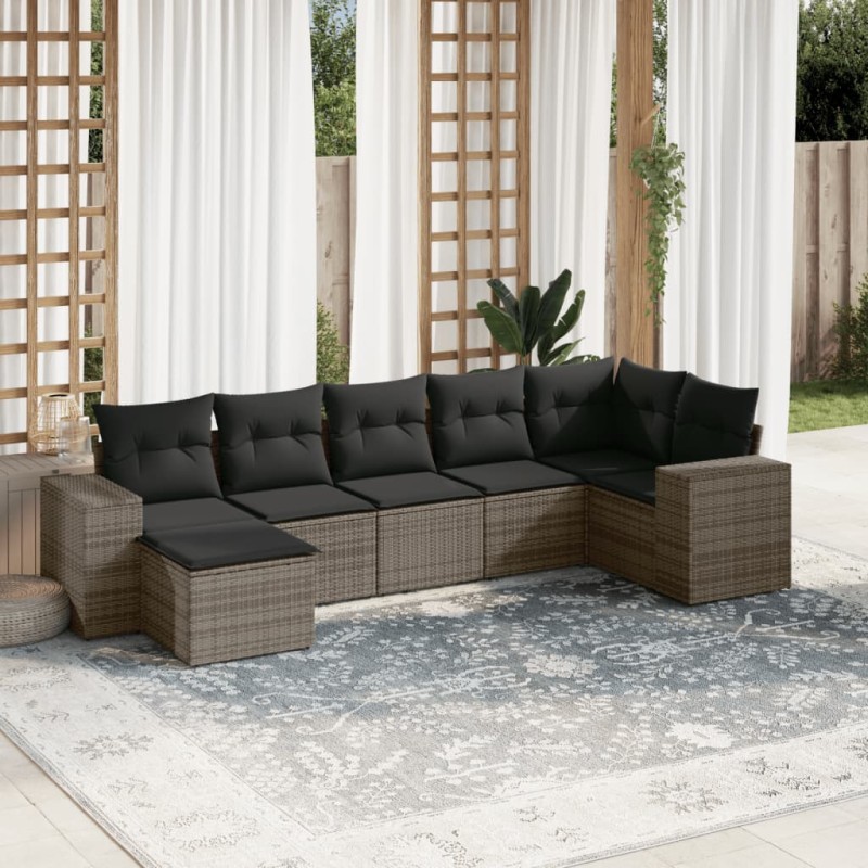 vidaXL Set de sofás de jardín 7 piezas con cojines ratán PE gris vidaXL Set de sofás de jardín 7 piezas con cojines ratán PE gris