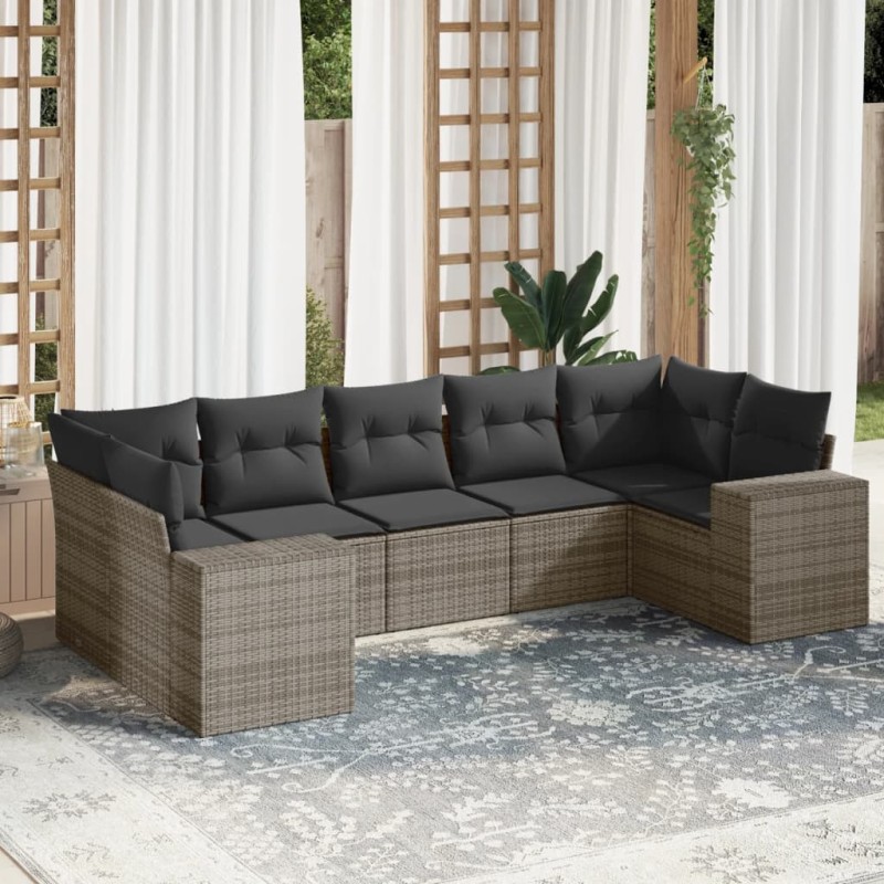 vidaXL Set de sofás de jardín 7 piezas con cojines ratán PE gris vidaXL Set de sofás de jardín 7 piezas con cojines ratán PE gris
