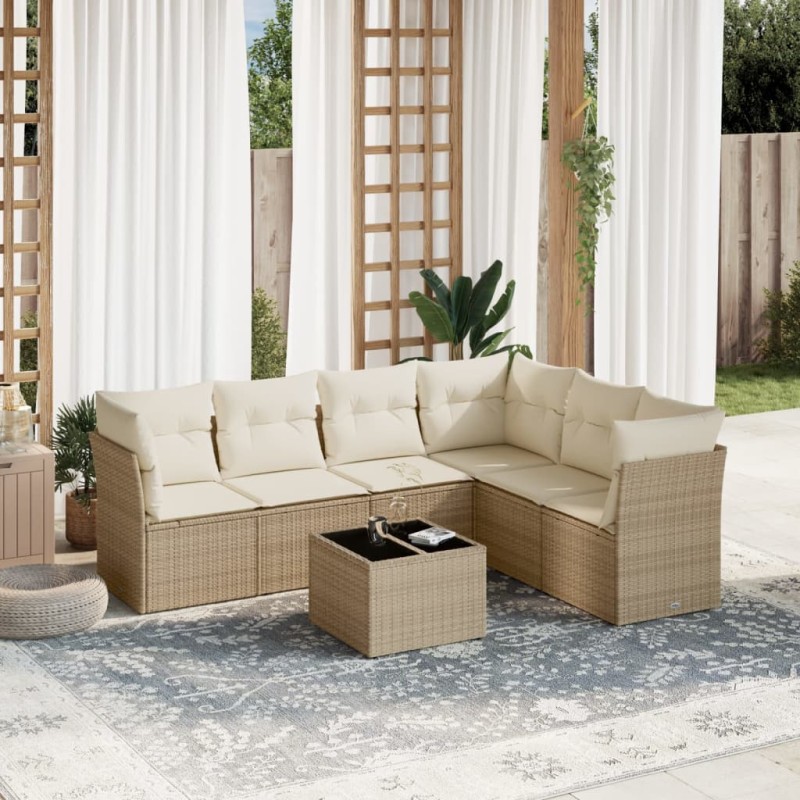 vidaXL Set sofás de jardín 7 piezas y cojines ratán sintético beige vidaXL Set sofás de jardín 7 piezas y cojines ratán sintético beige