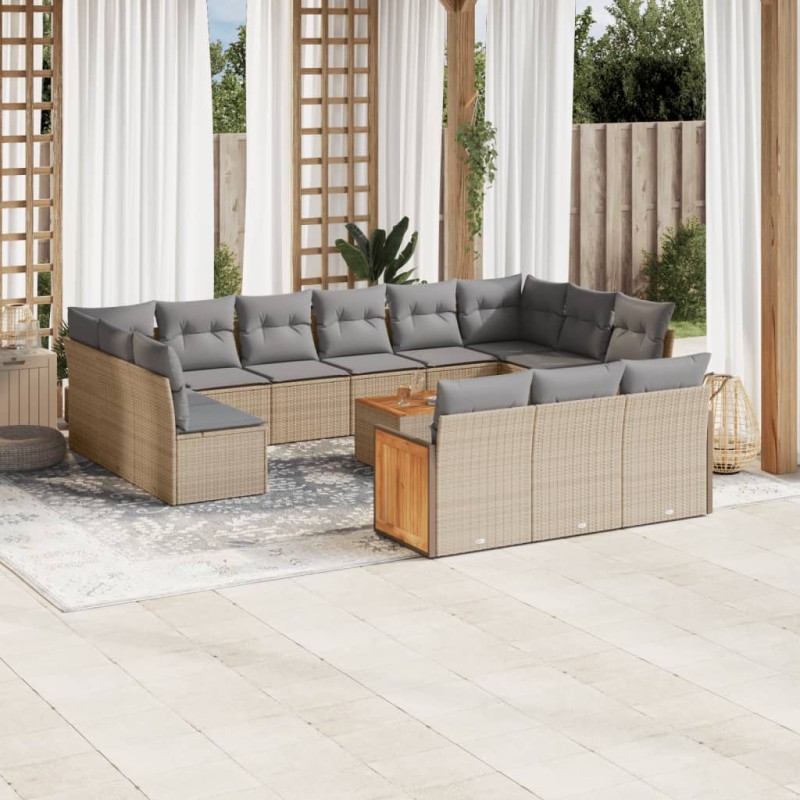 vidaXL Set sofás de jardín 14 pzas con cojines ratán sintético beige vidaXL Set sofás de jardín 14 pzas con cojines ratán sintético beige