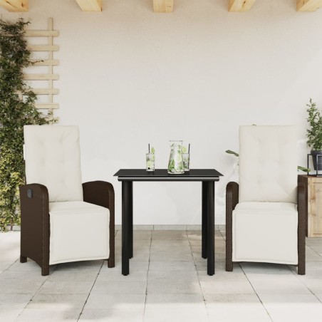 vidaXL Sillas y mesita de jardín con cojines 3 piezas ratán PE marrón