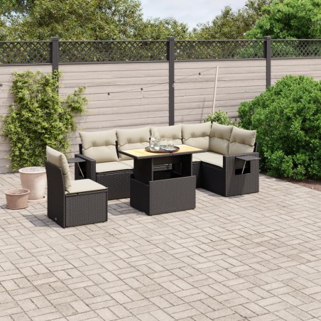 vidaXL Set de comedor de jardín 7 pzas y cojines ratán sintético negro