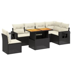 vidaXL Set de comedor de jardín 7 pzas y cojines ratán sintético negro