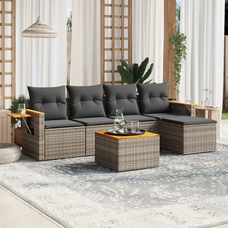 vidaXL Set de muebles de jardín 6 pzas y cojines ratán sintético gris vidaXL Set de muebles de jardín 6 pzas y cojines ratán sintético gris