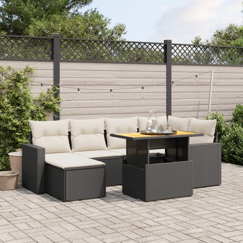 vidaXL Set de comedor de jardín 7 pzas y cojines ratán sintético negro vidaXL Set de comedor de jardín 7 pzas y cojines ratán sintético negro