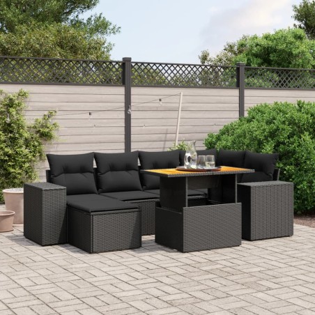 vidaXL Set de comedor de jardín 7 pzas y cojines ratán sintético negro