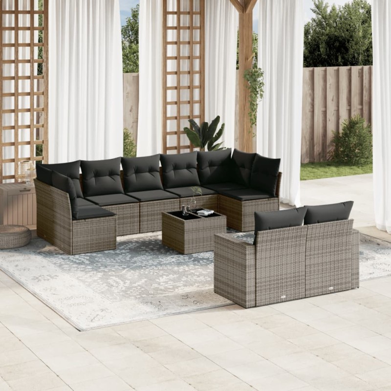 vidaXL Set de sofás de jardín 10 pzas con cojines ratán sintético gris vidaXL Set de sofás de jardín 10 pzas con cojines ratán sintético gris