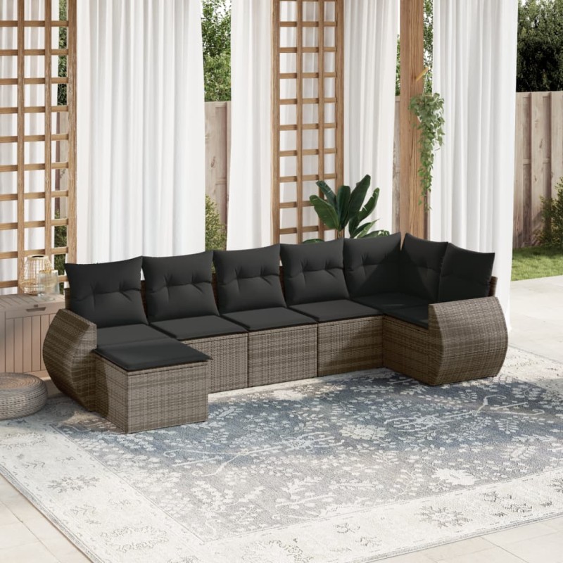 vidaXL Set de sofás de jardín 7 piezas con cojines ratán PE gris vidaXL Set de sofás de jardín 7 piezas con cojines ratán PE gris