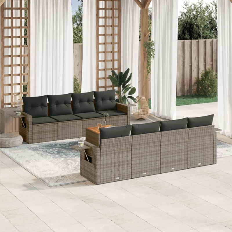 vidaXL Set de muebles de jardín 9 pzas y cojines ratán sintético gris