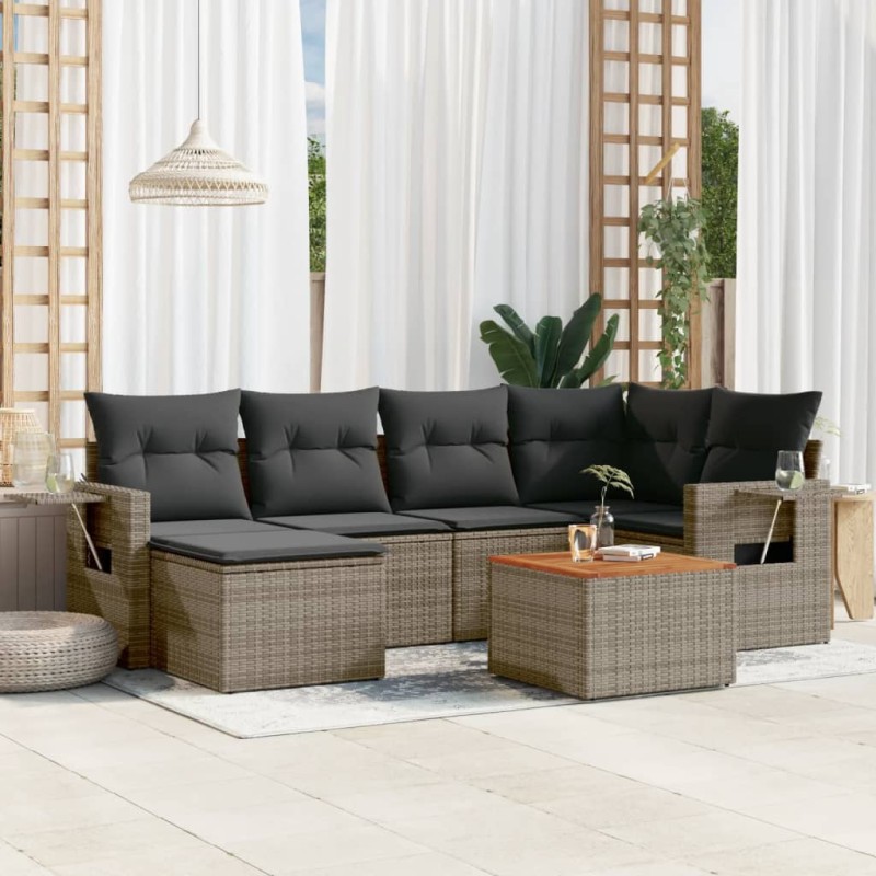 vidaXL Set de sofás de jardín 7 piezas con cojines ratán PE gris vidaXL Set de sofás de jardín 7 piezas con cojines ratán PE gris