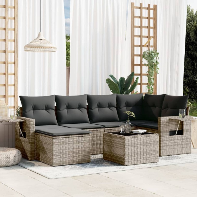 vidaXL Set de sofás de jardín 7 piezas con cojines ratán PE gris vidaXL Set de sofás de jardín 7 piezas con cojines ratán PE gris