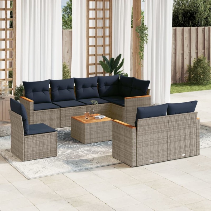 vidaXL Set de muebles de jardín 9 pzas y cojines ratán sintético gris