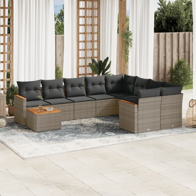 vidaXL Set de sofás de jardín 10 pzas con cojines ratán sintético gris