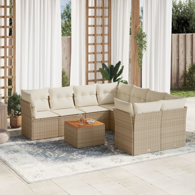 vidaXL Set de sofás de jardín 9 pzas con cojines ratán sintético beige vidaXL Set de sofás de jardín 9 pzas con cojines ratán sintético beige