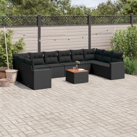 vidaXL Set de sofás de jardín 11 pzas y cojines ratán sintético negro