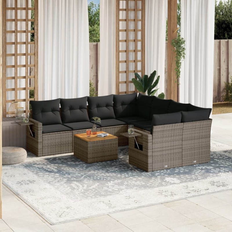 vidaXL Set de muebles de jardín 9 pzas y cojines ratán sintético gris vidaXL Set de muebles de jardín 9 pzas y cojines ratán sintético gris