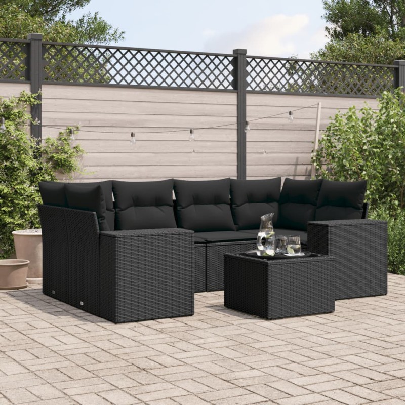 vidaXL Set de comedor de jardín 7 pzas y cojines ratán sintético negro vidaXL Set de comedor de jardín 7 pzas y cojines ratán sintético negro