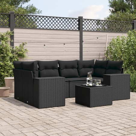 vidaXL Set de comedor de jardín 7 pzas y cojines ratán sintético negro