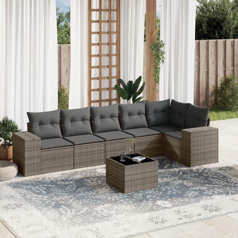 vidaXL Set de sofás de jardín 7 piezas con cojines ratán PE gris vidaXL Set de sofás de jardín 7 piezas con cojines ratán PE gris