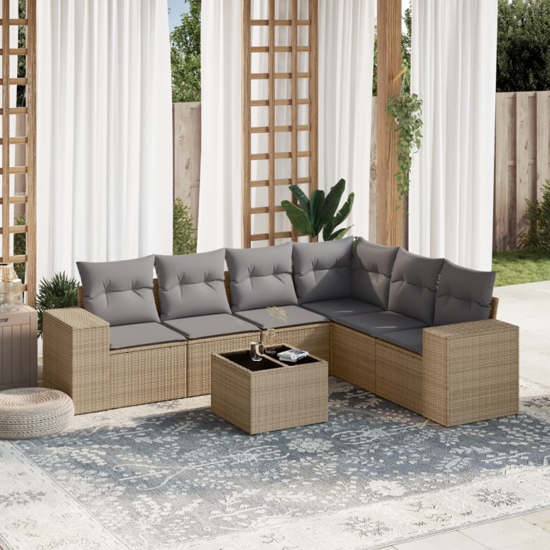 vidaXL Set sofás de jardín 7 piezas y cojines ratán sintético beige vidaXL Set sofás de jardín 7 piezas y cojines ratán sintético beige
