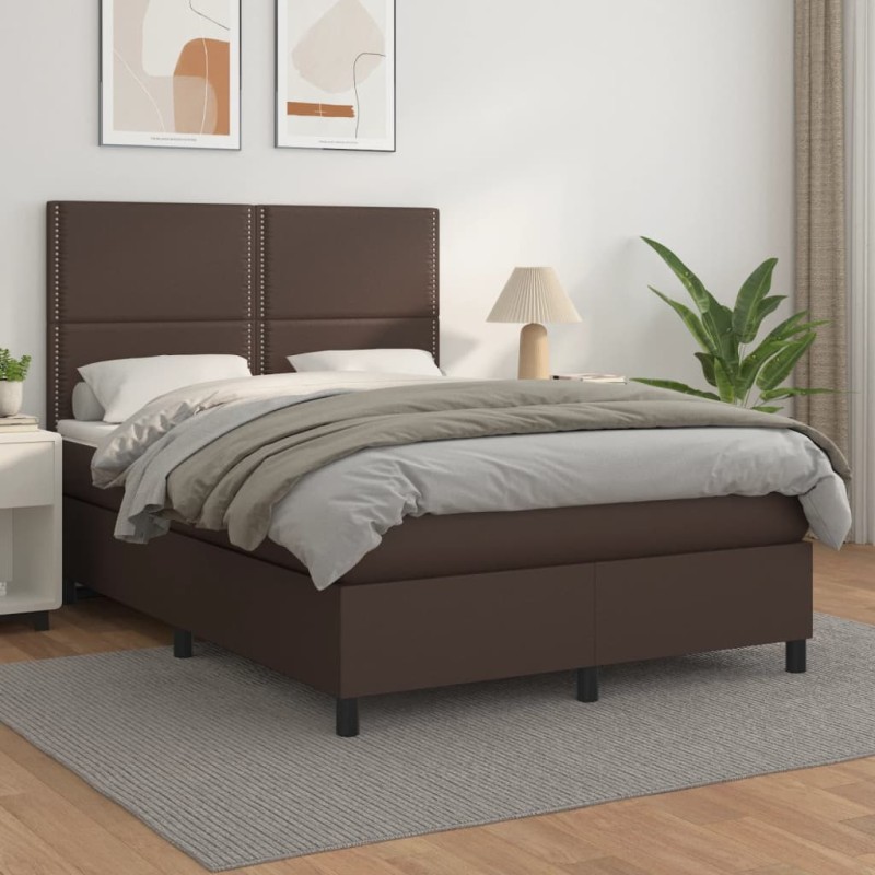 vidaXL Cama box spring con colchón cuero sintético marrón 140x200cm vidaXL Cama box spring con colchón cuero sintético marrón 140x200cm