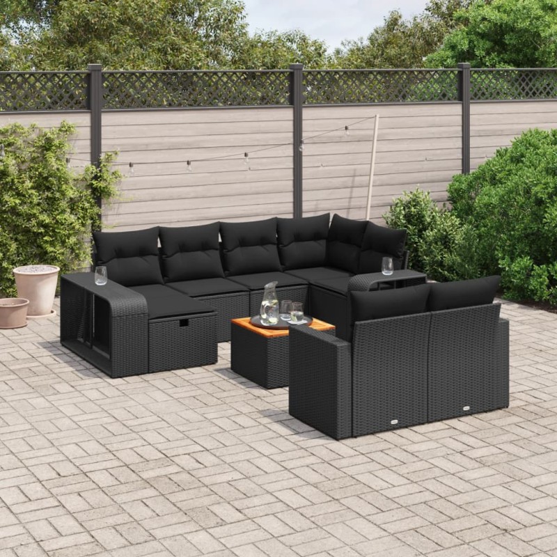 vidaXL Set de sofás de jardín 11 pzas y cojines ratán sintético negro