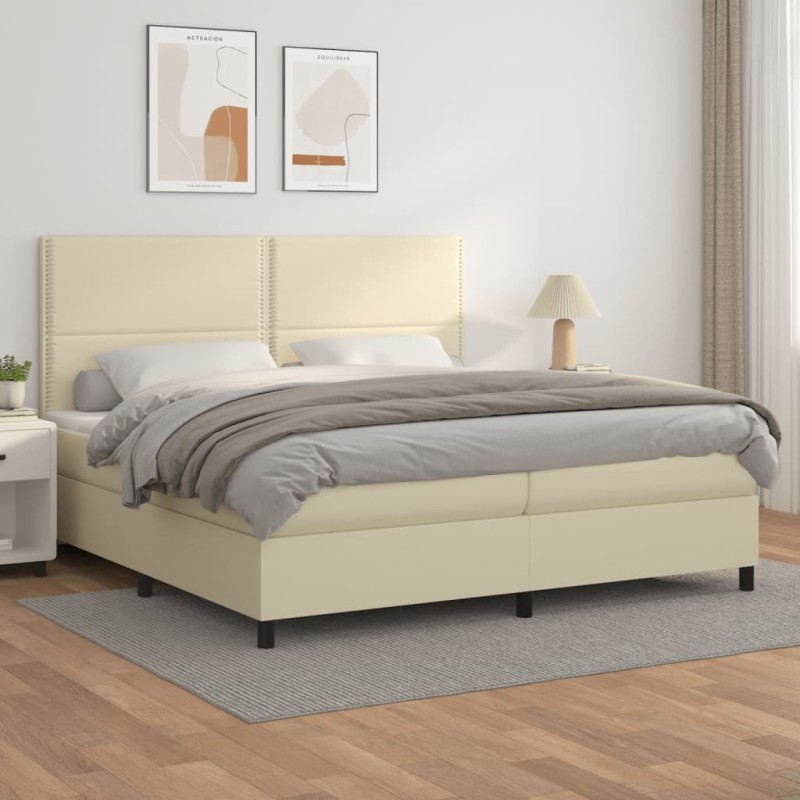 vidaXL Cama box spring con colchón cuero sintético crema 200x200 cm vidaXL Cama box spring con colchón cuero sintético crema 200x200 cm