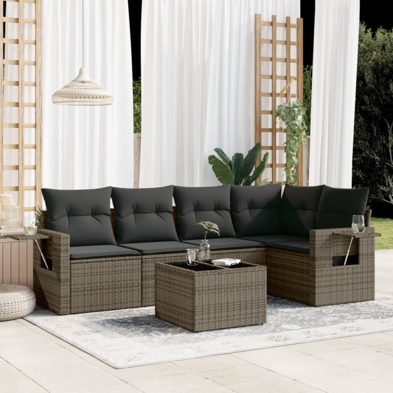 vidaXL Set de muebles de jardín 6 pzas y cojines ratán sintético gris vidaXL Set de muebles de jardín 6 pzas y cojines ratán sintético gris