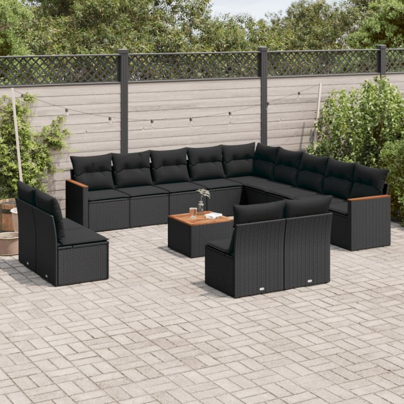 vidaXL Set sofás de jardín 14 pzas con cojines ratán sintético negro vidaXL Set sofás de jardín 14 pzas con cojines ratán sintético negro