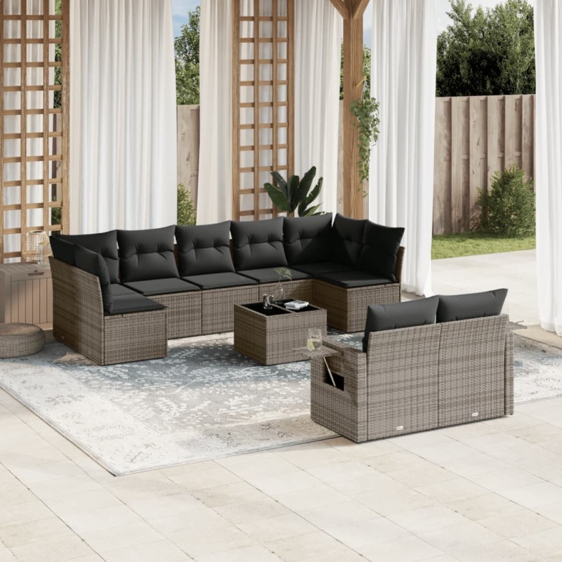 vidaXL Set de sofás de jardín 10 pzas con cojines ratán sintético gris vidaXL Set de sofás de jardín 10 pzas con cojines ratán sintético gris